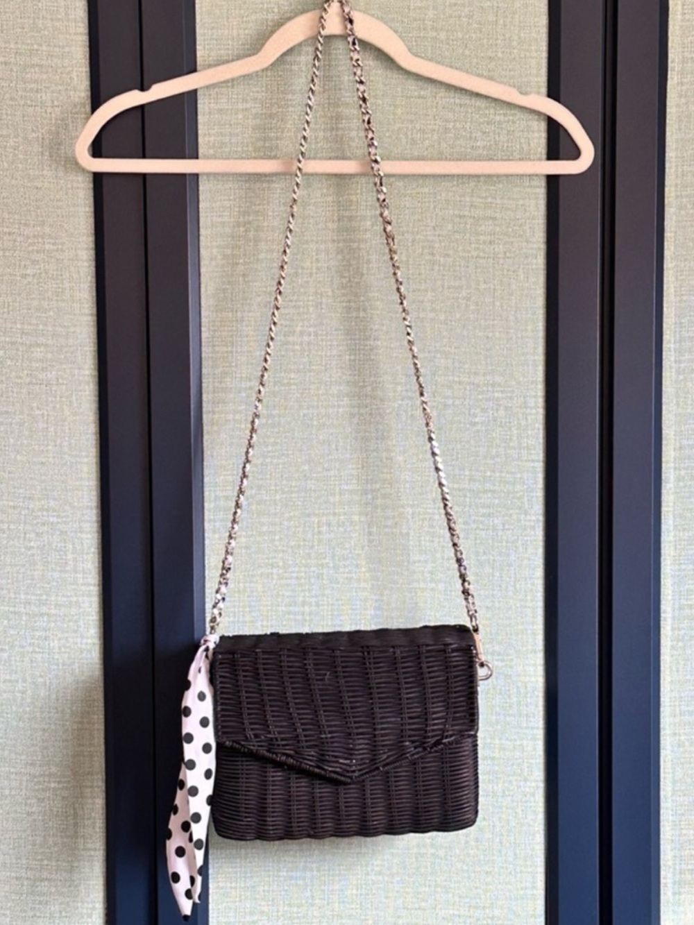 Zara Black Woven Wicker Basket Shoulder Bag with Polka Dot Ribbon Tie, NWOT